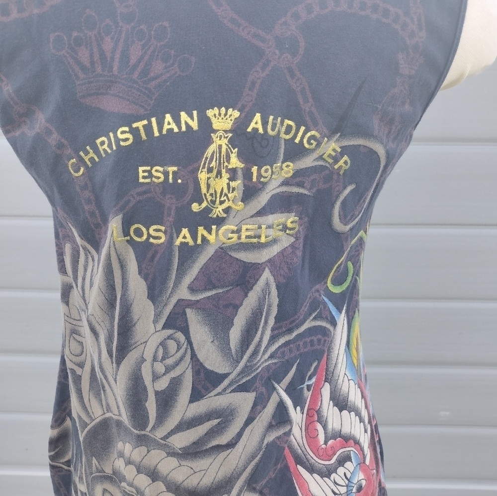 Christian Audigier Y2K Womens Black Rhinestone Roses Tank Top Blouse M - Picture 6 of 11
